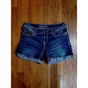 Ariya Jeans Womens SZ 9/10 dark wash fray hem cut off Midi cuffed stretch shorts